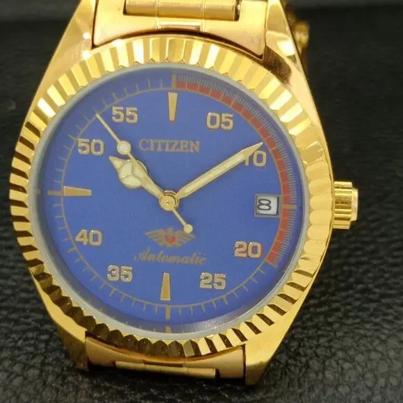 Vintage 1989 Citizen Automatic Mens Gold Watch W/daydate & Blue accents - Picture 3 of 8